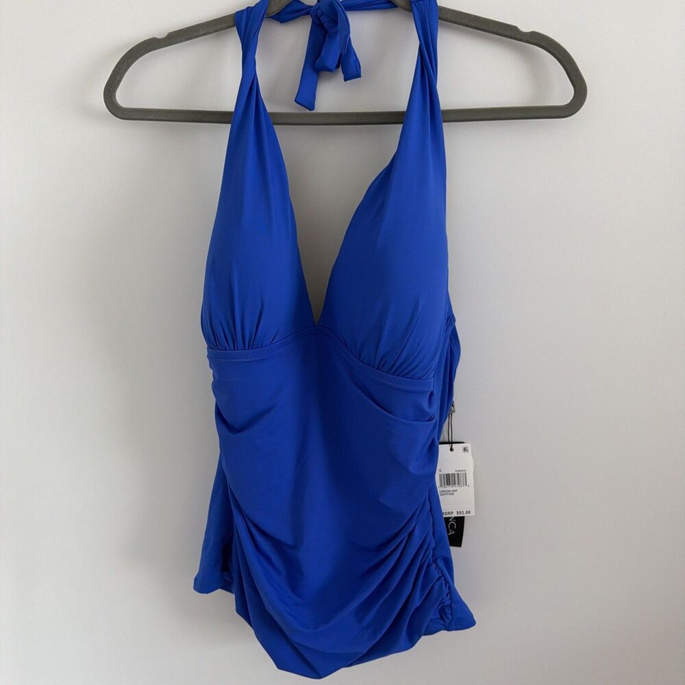La Blanca Womens Sz 12 Island Goddess Halter Tankini Swimsuit Top Sapphire Blue - Picture 3 of 11